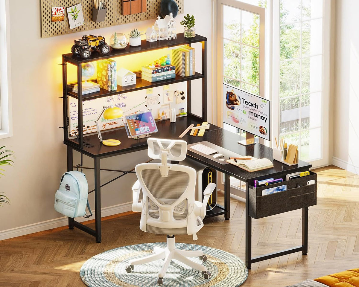 Coleshome L-speeltafel met led en stopcontacten, 110 x 80 cm, omkeerbaar, met opbergplanken, hoekbureau met opbergtas, voor thuiskantoor en games, zwart