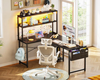 Coleshome L-speeltafel met led en stopcontacten, 110 x 80 cm, omkeerbaar, met opbergplanken, hoekbureau met opbergtas, voor thuiskantoor en games, zwart