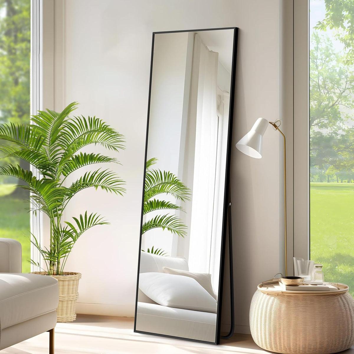 Rechthoekige full-body spiegel, 150 x 40 cm, staande spiegel met zwart aluminium frame, grote wandspiegel, vloerspiegel voor slaapkamer, entree, hal, woondecoratie