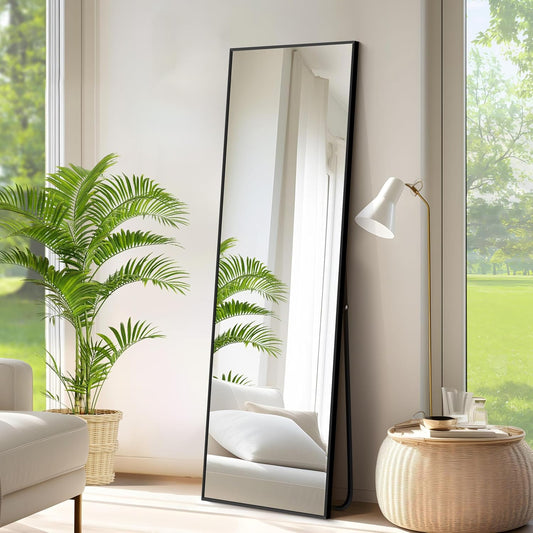 Rechthoekige full-body spiegel, 150 x 40 cm, staande spiegel met zwart aluminium frame, grote wandspiegel, vloerspiegel voor slaapkamer, entree, hal, woondecoratie