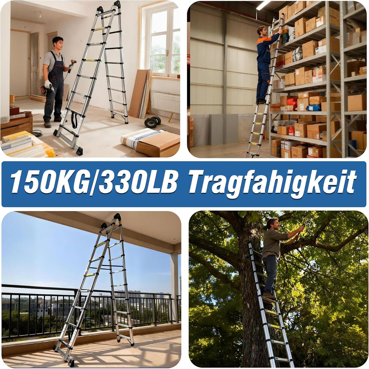 Brsheco roestvrijstalen telescoopladder opvouwbare ladder 5 m (2,5 + 2,5 m), uitschuifbare ladder 2-in-1 multifunctionele ladder, met stabilisator, breed toepasbaar, stepladder, huishoudladder, draagv
