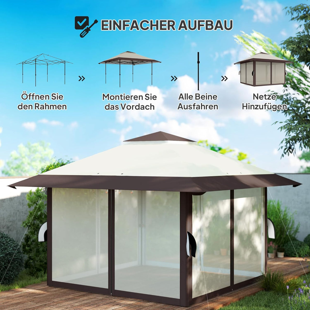 Outsunny Pavillon 4x4m Wasserdicht Höhenverstellbar Pop-up Faltpavillon mit Netzwänden UV 50+ Faltbar Partyzelt Gartenzelt mit Tragetasche Sandsäcke Gartenpavillon für Camping Garten Festival, Beige - QUORE