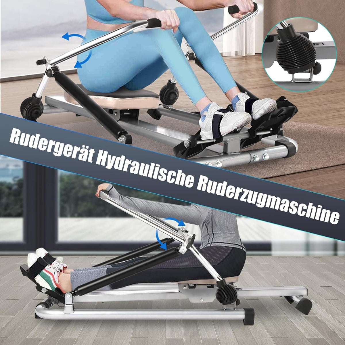 Home Rowing Machine, Hydraulic Rowing Machine, LCD Display, Adjustable Resistance 15-55 kg for Exercising Arms, Chest, Stomach and Back, 110 × 61 × 21 cm - QUORE
