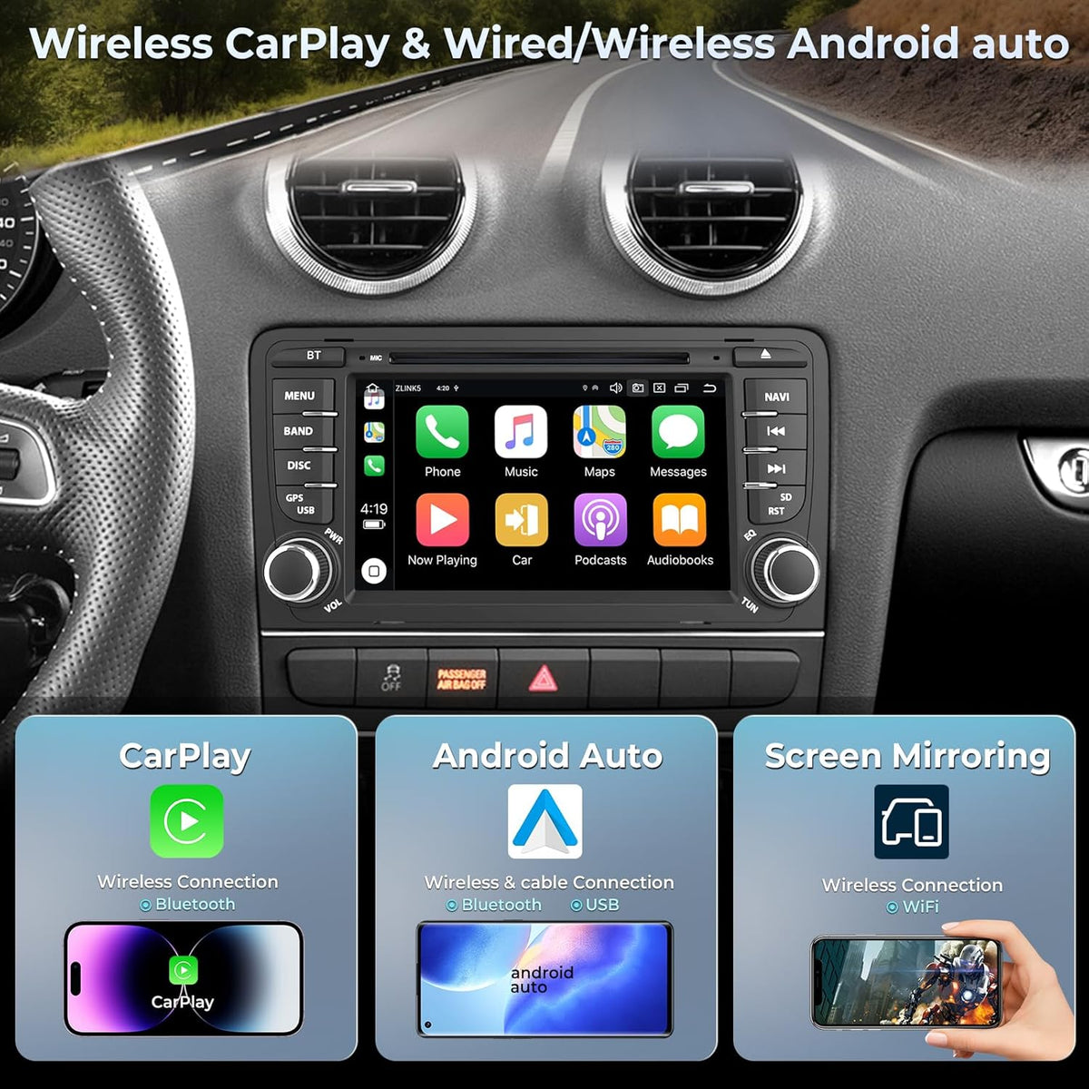 7 inch autoradio voor Audi A3 S3 RS3 8P met cd-/dvd-speler, 8-core 4+64GB head-unit Ingebouwde gyroscoop Draadloze Carplay/Android Auto GPS-navigatie WiFi 4G Bluetooth FM/AM RDS DSP SWC