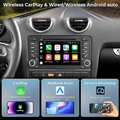7 inch autoradio voor Audi A3 S3 RS3 8P met cd-/dvd-speler, 8-core 4+64GB head-unit Ingebouwde gyroscoop Draadloze Carplay/Android Auto GPS-navigatie WiFi 4G Bluetooth FM/AM RDS DSP SWC