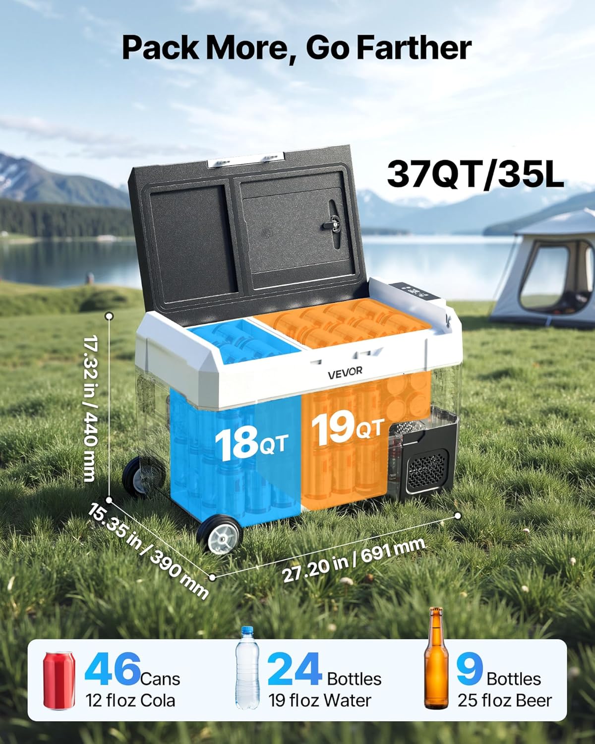 VEVOR Compressor-koelbox, 12/24 V DC 100-240 V AC, autokoelkast, 35 l, met app-bediening, wielen en 2 temperatuurzones (-20 °C tot 20 °C), draagbare koelkast voor camper, boten, camping, vissen