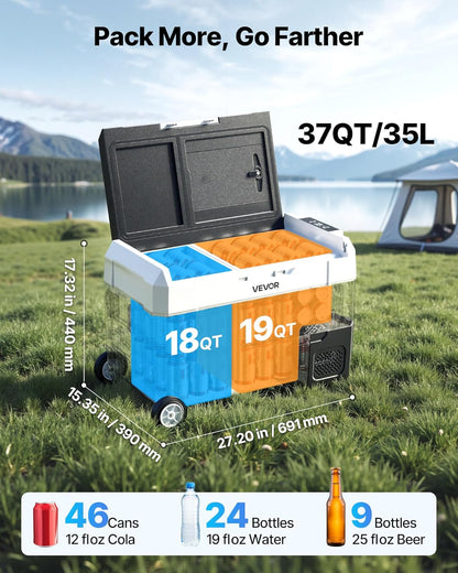 VEVOR Compressor-koelbox, 12/24 V DC 100-240 V AC, autokoelkast, 35 l, met app-bediening, wielen en 2 temperatuurzones (-20 °C tot 20 °C), draagbare koelkast voor camper, boten, camping, vissen