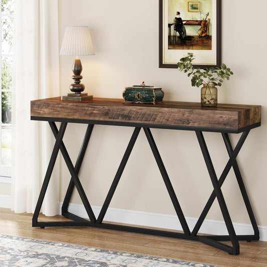 Tribesigns Console Table, 140 cm, Farmhouse Coffee Table, Wooden Entrance Table with Unique Metal Base, Small Exhibition Table, Foyer Table, Industrial Hall Table for Hallway, Living Room, Entrance
