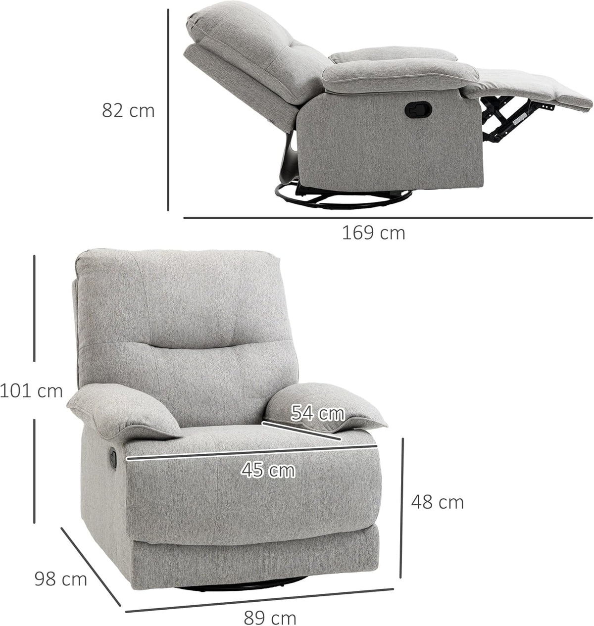 HOMCOM Relaxstoel, televisiestoel met ligfunctie, linnenlook, draaibare tv-stoel met veerkernsysteem, voetensteun, voor woonkamer, slaapkamer, belastbaar tot 160 kg, lichtgrijs