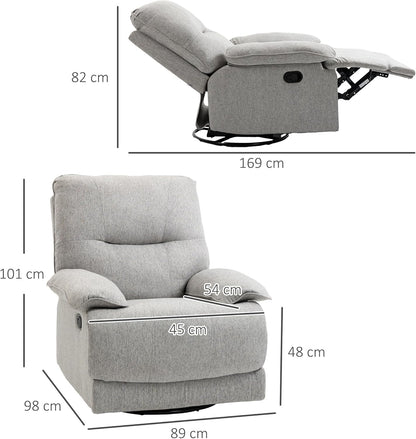 HOMCOM Relaxstoel, televisiestoel met ligfunctie, linnenlook, draaibare tv-stoel met veerkernsysteem, voetensteun, voor woonkamer, slaapkamer, belastbaar tot 160 kg, lichtgrijs