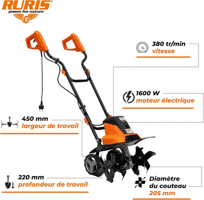 RURIS Elektrische motorhak 160RE - 1600W, breedte 450 mm, diepte 220 mm, 24 messen, elektronische rem, 2 wielen, licht en stil