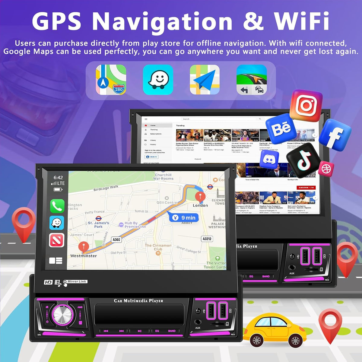2 + 64G Wireless CarPlay Android Auto 1Din Autoradio, 7 inch Android Stereo Auto Bluetooth met scherm, ondersteuning GPS Navigatie/WiFi/SWC/FM/RDS/touchscreen/USB/Chargge + achteruitrijcamera