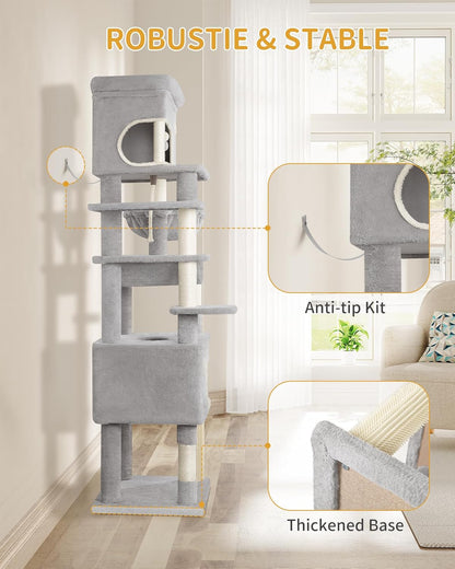 Hzuaneri Cat Scratching Post, 178cm Multilayer Cat Tree with Large Platform, 2 Caves, 7 Sisal Poles, Pompoms, Cat Basket, Hammock, Suitable for Cats of All Sizes, Light Grey MS17818LG - QUORE