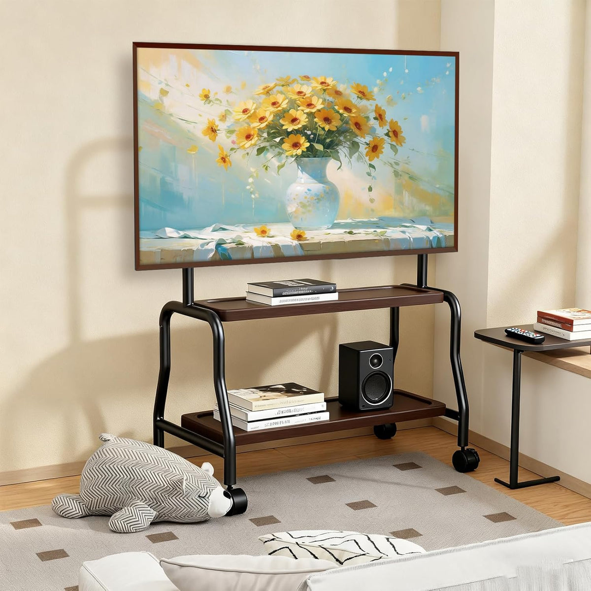 Tv-standaard, oprolbaar voor 32-75 inch televisie tot 50 kg, televisiestandaard op wielen, tv-rolwagen met houten plank, in hoogte verstelbare tv-vloerstandaard, max VESA 600 x 400 mm