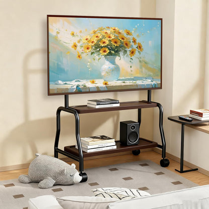 Tv-standaard, oprolbaar voor 32-75 inch televisie tot 50 kg, televisiestandaard op wielen, tv-rolwagen met houten plank, in hoogte verstelbare tv-vloerstandaard, max VESA 600 x 400 mm