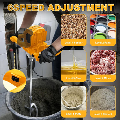 Accuroerapparaat voor verf en beton, compatibel met Dewalt 20 V accu (zonder batterij), borstelloze mortelmixer met 6 snelheden en 2 roerstaafjes, voor het mengen van voedermortel, verf, lijm