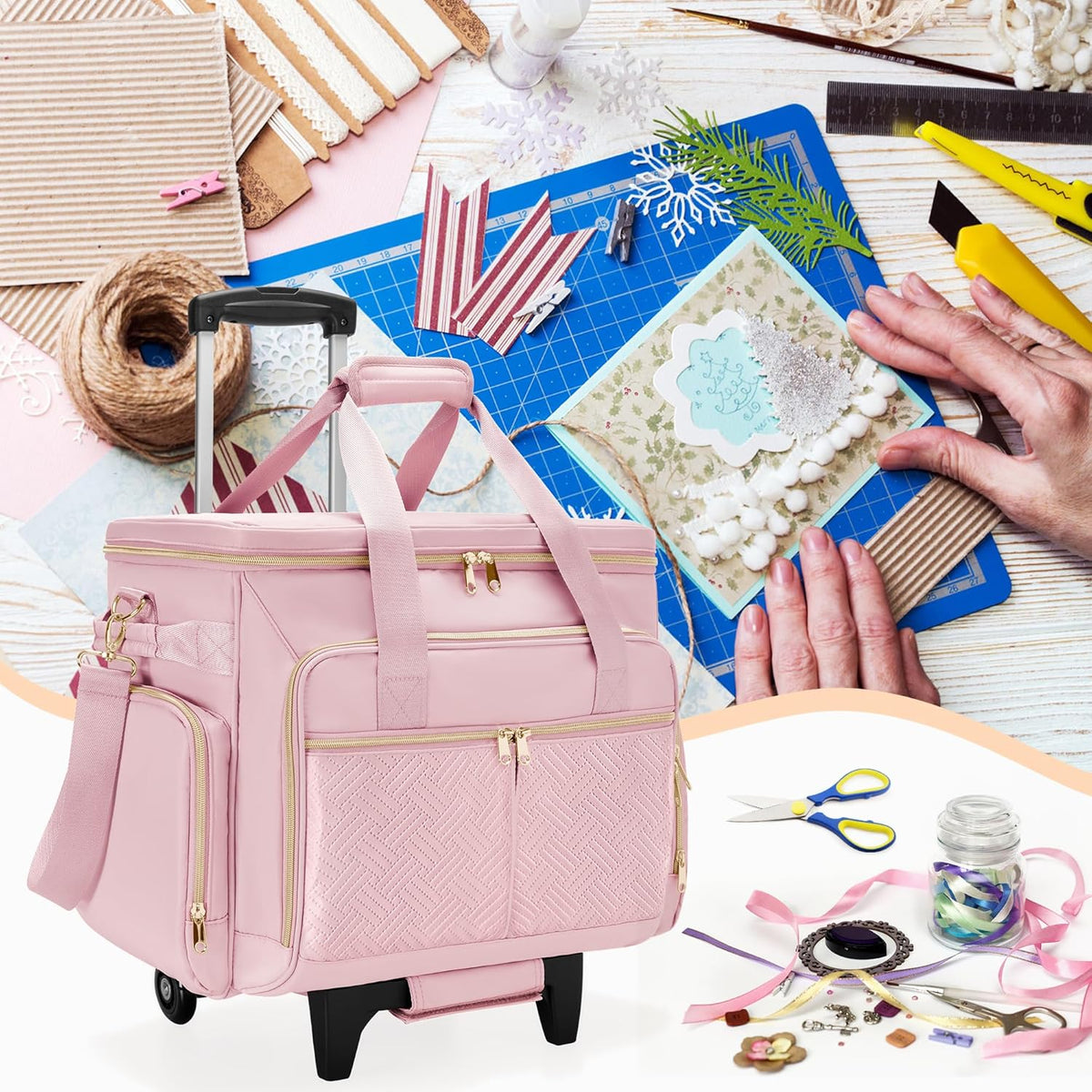 Rolbare Scrapbooktas – Trolleytas – Knutseltas – Hobbytas – Opbergtas – Roze – Met Afneembare Trolley – Laptopvak Tot 15,6 Inch
