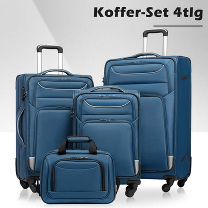 COOLIFE Trolley Reiskoffer Met 4 Wielen, Stoffen Handbagage, TSA-Slot, Grote Schoudertas - Blauw + Zilver, Softbox Van Oxford-Stof, 4-Delig Set