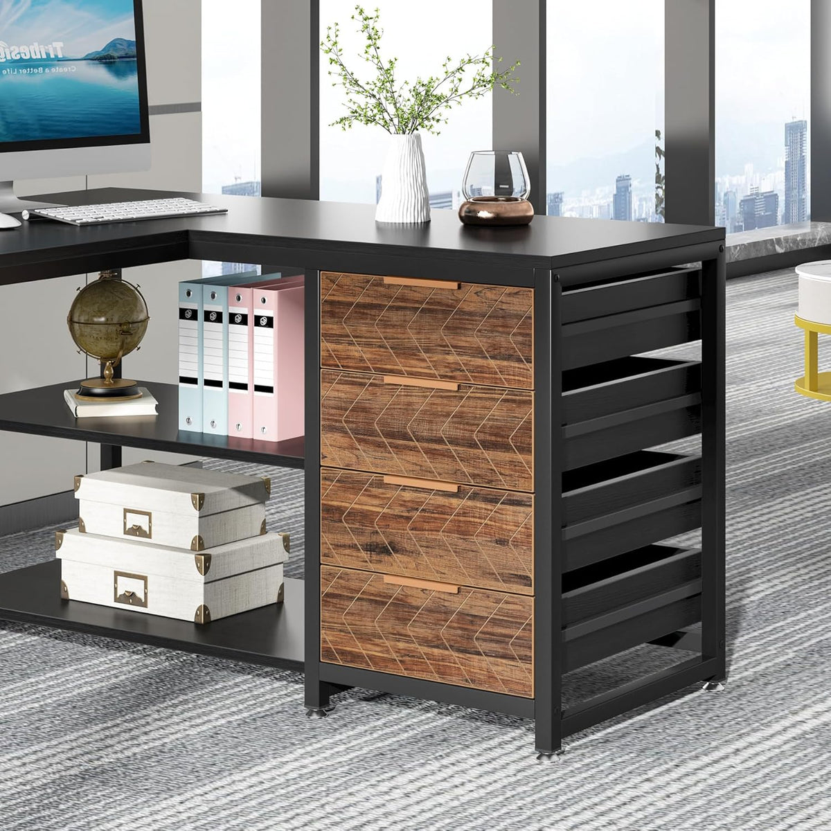 Tribesigns L-Shaped Computer Desk with Storage Drawers, 150cm Corner Desk with Shelves, Reversible L Shaped Office Desk Study Writing Desk Workstation for Home Office, Black