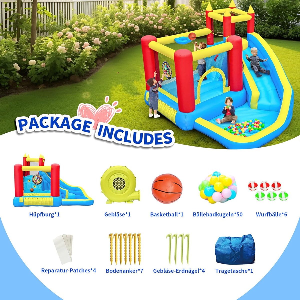 springkasteel voor kinderen met glijbaan en klimwand, opblaasbaar springkasteel met ingebouwde ventilator, binnen en buiten springmat voor kinderen Bouncy Castle 3-10 jaar 274 x 310 x 218
