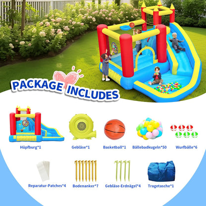 springkasteel voor kinderen met glijbaan en klimwand, opblaasbaar springkasteel met ingebouwde ventilator, binnen en buiten springmat voor kinderen Bouncy Castle 3-10 jaar 274 x 310 x 218