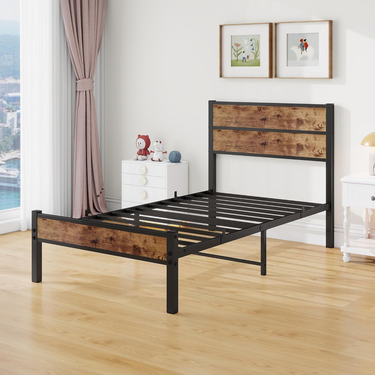 Eenpersoonsbed 90 x 200 cm met houten hoofdeinde, bedframe met lattenbodem van metaal, eenpersoonsbed, metalen bed, eenpersoonsbed, 90 x 200 cm met opbergruimte, robuust en stabiel, bruin