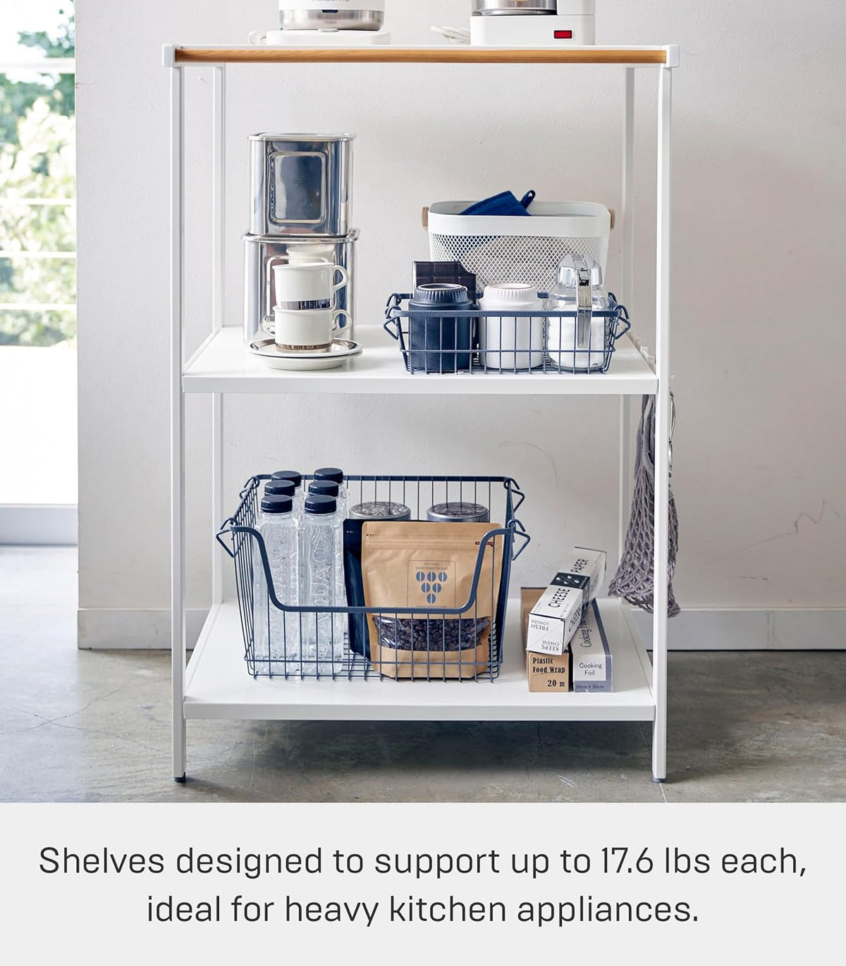 Yamazaki 3597 TOWER 3~Tiered Storage Rack, white, Steel/Wood, 60 x 46.5 x 90 cm