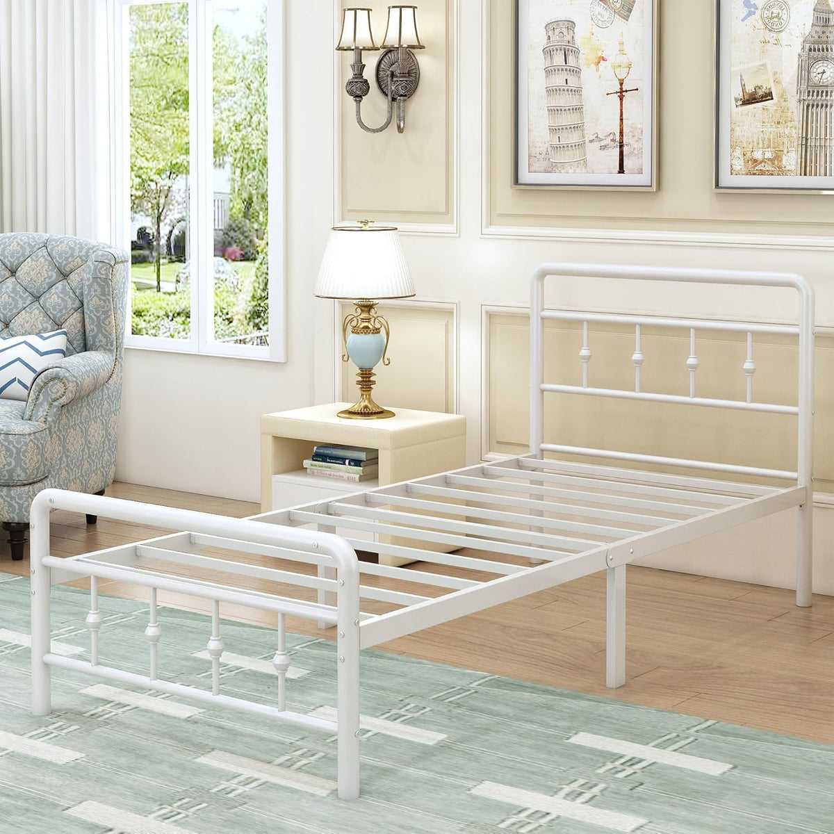 EMODA Metalen Bedframe 90 x 200 cm met vintage style Hoofdeinde en Voetenbord, Heavy Duty Bedframe 36cm hoog met stalen lattenbodem, Eenvoudige montage, Geluidsvrij, Wit