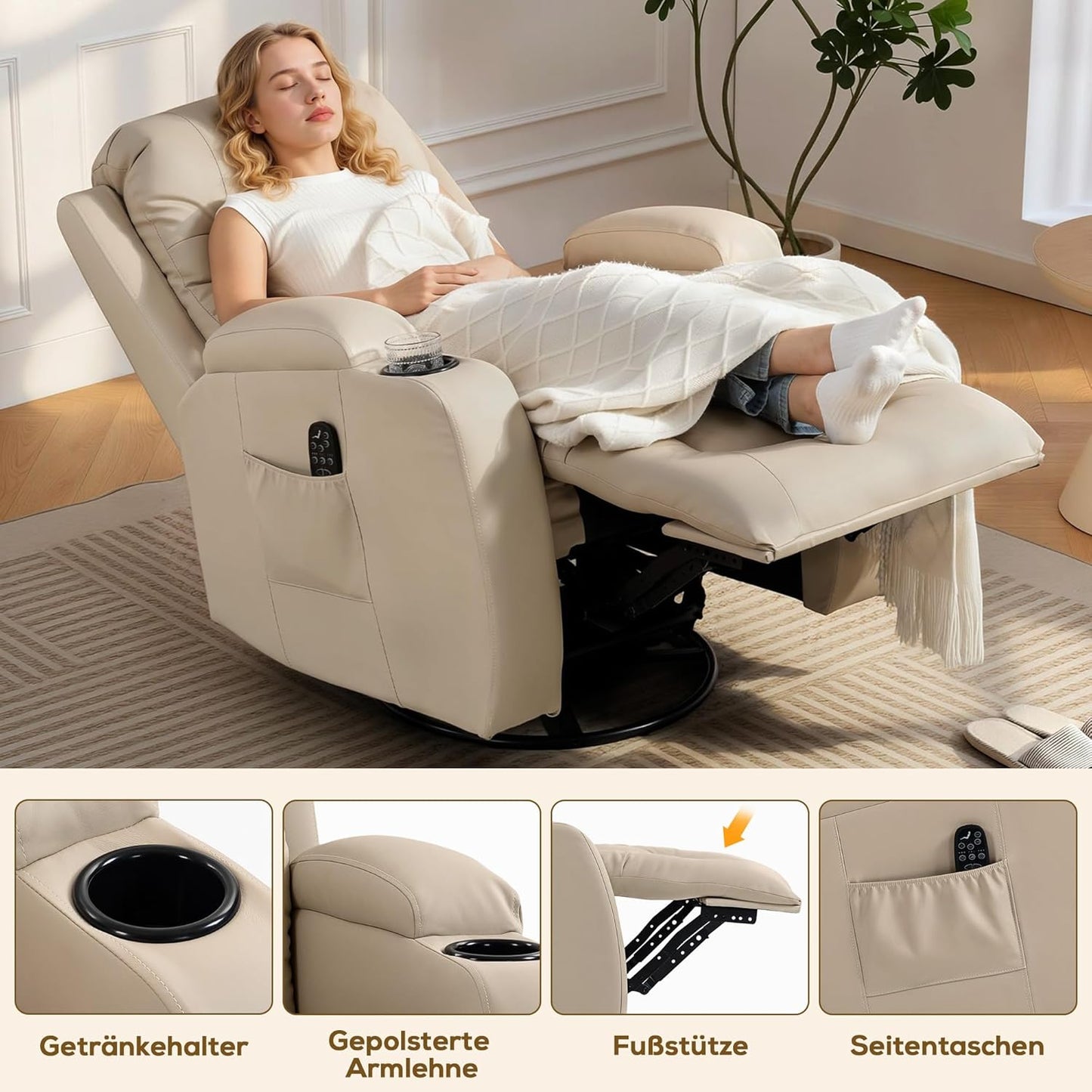 HOMCOM Massagestoel TV-stoel Relaxstoel met warmtefunctie, ligstoel met afstandsbediening, bekerhouder, crèmewit 85 x 94 x 104 cm
