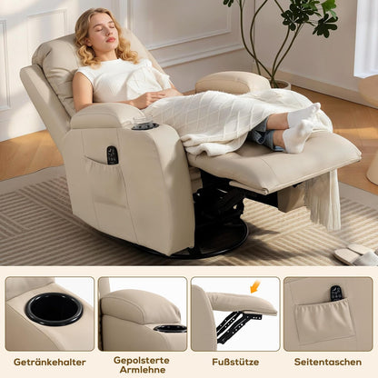 HOMCOM Massagestoel TV-stoel Relaxstoel met warmtefunctie, ligstoel met afstandsbediening, bekerhouder, crèmewit 85 x 94 x 104 cm