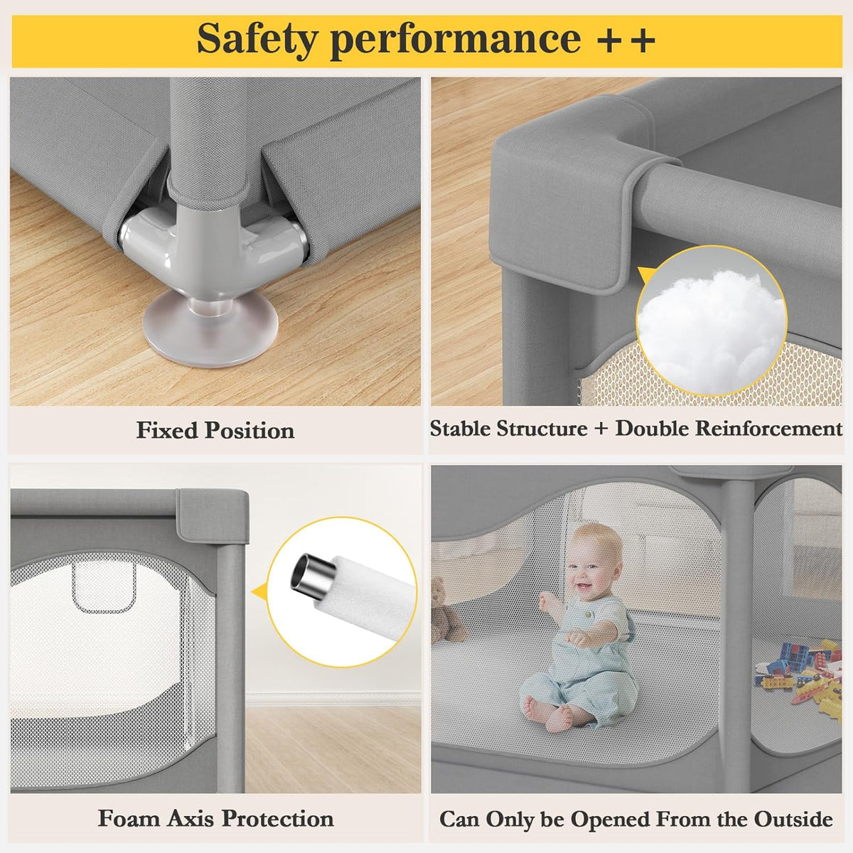 Baby Playpen 200 x 180 cm Large Improved 2025 Edition Playpen for Babies and Children with Non-Slip Bottom, Activity Centre for Children, Without Mats and Balls, Grey - QUORE