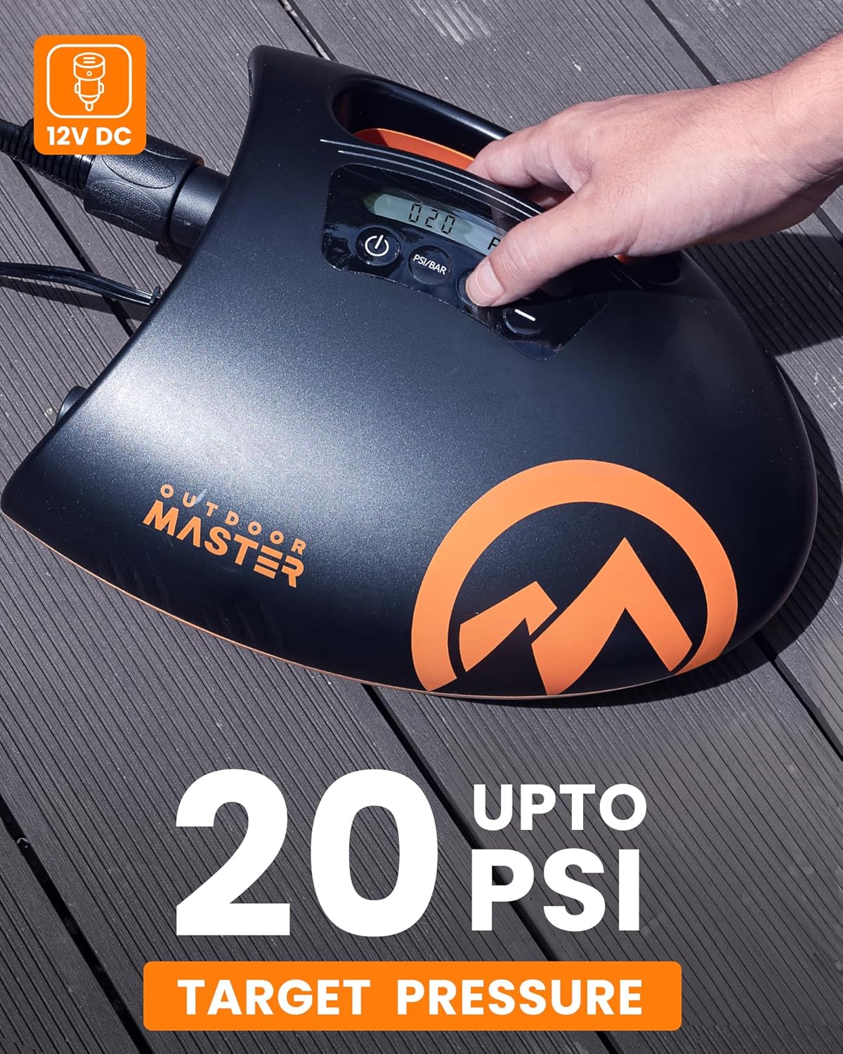 OutdoorMaster The Shark Hogedruk SUP-pomp - Elektrische luchtpomp met 20 PSI actief koelsysteem Slimme tweetraps inflatie en automatische uitschakeling voor opblaasbaar peddelbord, boten, watersport-opblaasboten met C7- en H3-klep