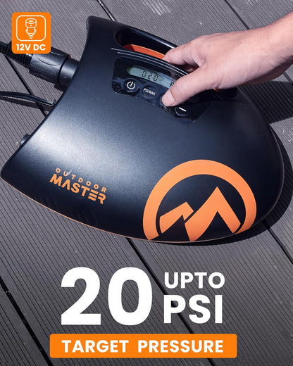 OutdoorMaster The Shark Hogedruk SUP-pomp - Elektrische luchtpomp met 20 PSI actief koelsysteem Slimme tweetraps inflatie en automatische uitschakeling voor opblaasbaar peddelbord, boten, watersport-opblaasboten met C7- en H3-klep