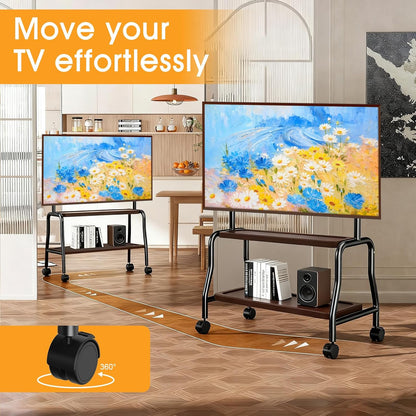 Tv-standaard, oprolbaar voor 32-75 inch televisie tot 50 kg, televisiestandaard op wielen, tv-rolwagen met houten plank, in hoogte verstelbare tv-vloerstandaard, max VESA 600 x 400 mm