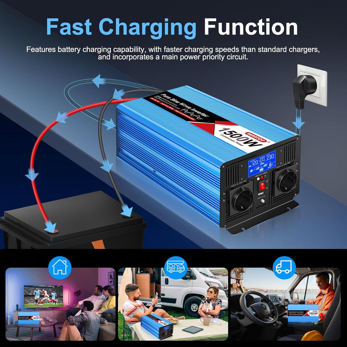 1500 W/3000 W spanningsomvormer 12 V naar 230 V zuivere sinus, auto-omvormer met 2 EU-stopcontacten, 1 USB-aansluiting, lcd-display, 30 A laadstroom, caravan, auto, stroomomvormer