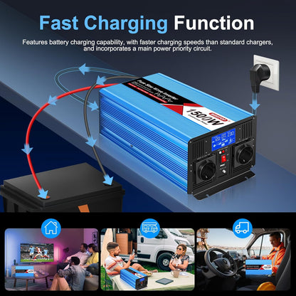 1500 W/3000 W spanningsomvormer 12 V naar 230 V zuivere sinus, auto-omvormer met 2 EU-stopcontacten, 1 USB-aansluiting, lcd-display, 30 A laadstroom, caravan, auto, stroomomvormer