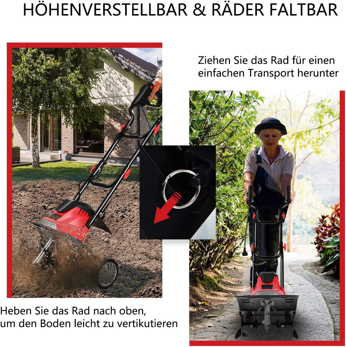 FANTASK 1200 W elektrische grondhak rood, tuin motorhak elektrisch met veiligheidsschakelaar, vloerfrees tuinfrees tuinhak 22 cm werkdiepte en 35 cm werkbreedte