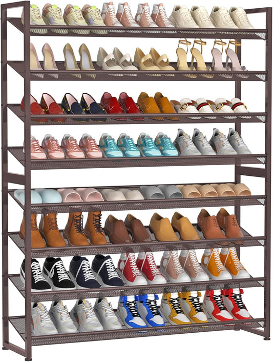 Large Shoe Rack with 8 Levels, Shoe Organizer, Robust Metal 4-Tier Stackable Shoe Rack for Cabinet Entrance, Up to 50 Pair, 114cm W x 29cm D x 143cm H, Bronze - QUORE