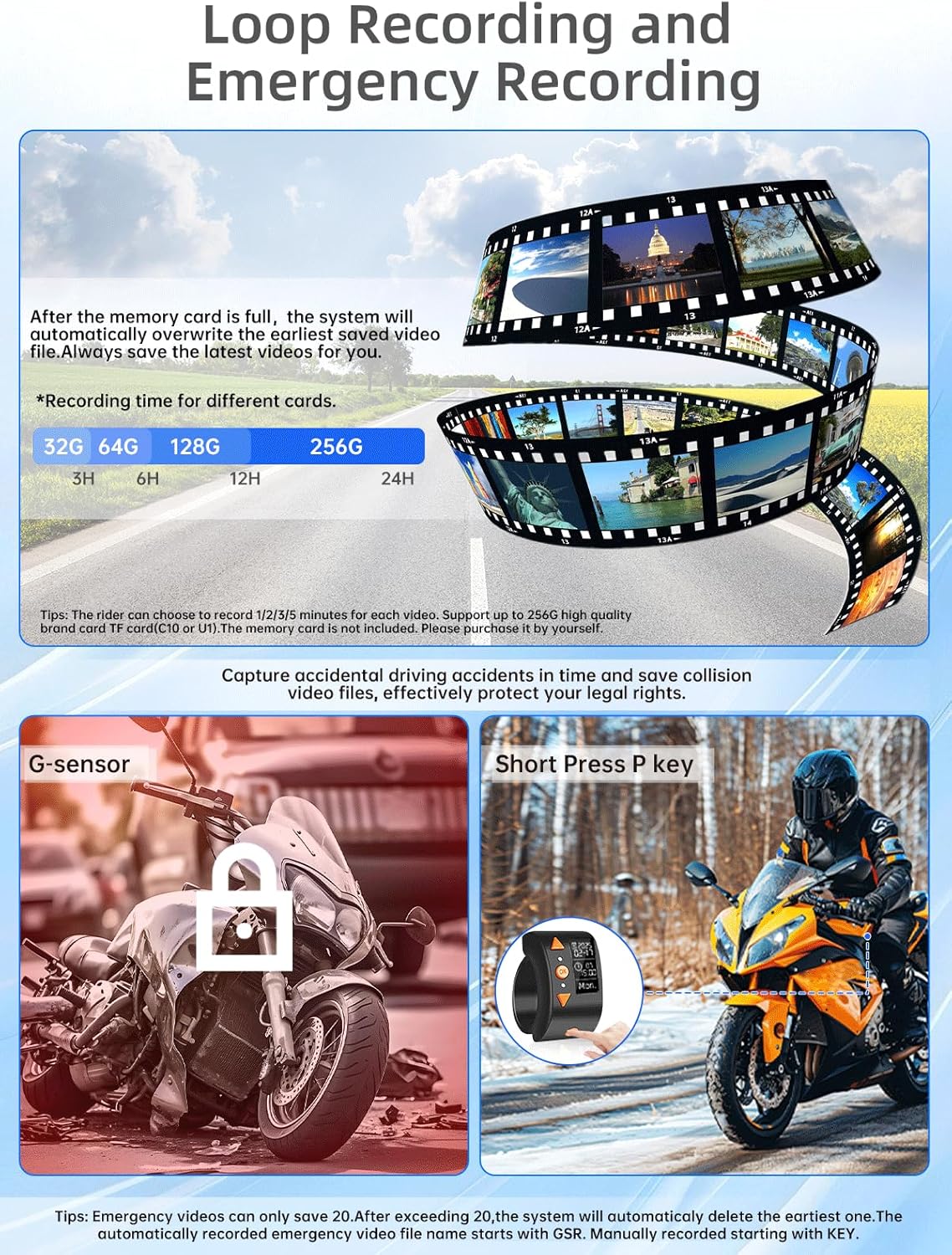 VSYSTO Motor-dashcam met 150° groothoek, dubbele lens voor en achter, 1080p motorcamera, waterdicht, met OLED-bekabelde controller, Starlight nachtzicht, TPMS, G-sensor, WDR