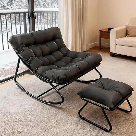 Rocking Chair with Stool, Outdoor Reading Chair with Padded Extra Large Relax Chair, Load Capacity up to 150 kg for Garden, Balcony, Patio (Grey) - QUORE