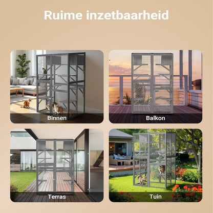 Wiltec buitenverblijf voor katten 116 x 82 x 175,7 cm, kattenvolière van hout met PVC-coating, kattenhuis met 5 niveaus, kattenverblijf voor tuin, balkon, kattenhut voor katten en dieren