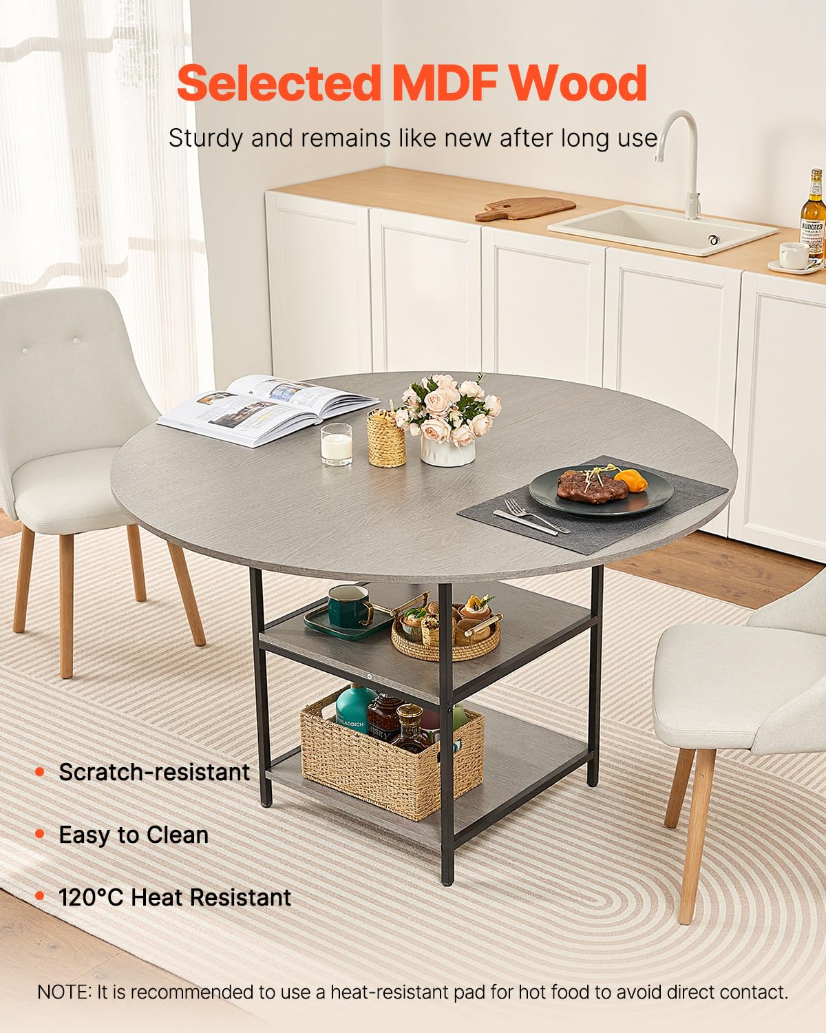 VEVOR Ronde eettafel 1200 mm houten tafel belasting 136,1 kg moderne ronde meubels met plank en metalen poten voor keuken thuis woonkamer grijs alleen tafel