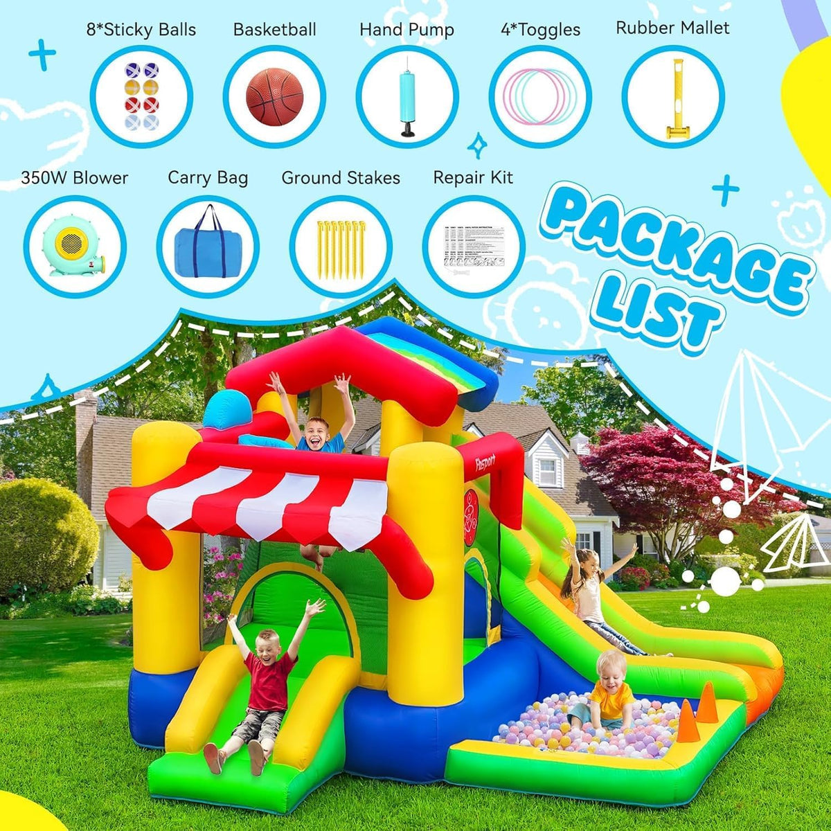 FBSPORT Opblaasbaar slot voor kinderen met dubbele glijbaan, trampoline, ballenbad, balwerper, klimwand en basketbalmand, voor binnen en buiten, 322 x 305 x 208 cm