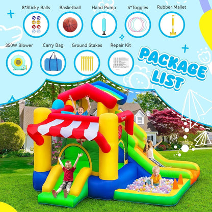 FBSPORT Opblaasbaar slot voor kinderen met dubbele glijbaan, trampoline, ballenbad, balwerper, klimwand en basketbalmand, voor binnen en buiten, 322 x 305 x 208 cm