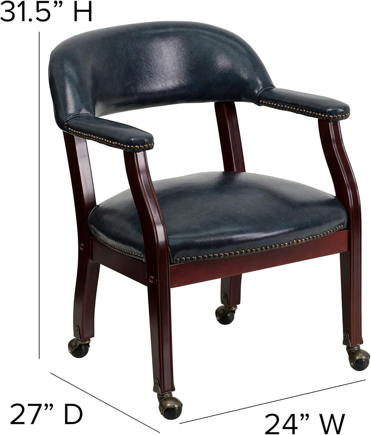 Conferentiestoel – Vergaderstoel – Kapiteinsstoel – Bureaustoel – Wachtruimtestoel – Set van 1 – Marineblauw Vinyl – Massief Hardhouten Frame