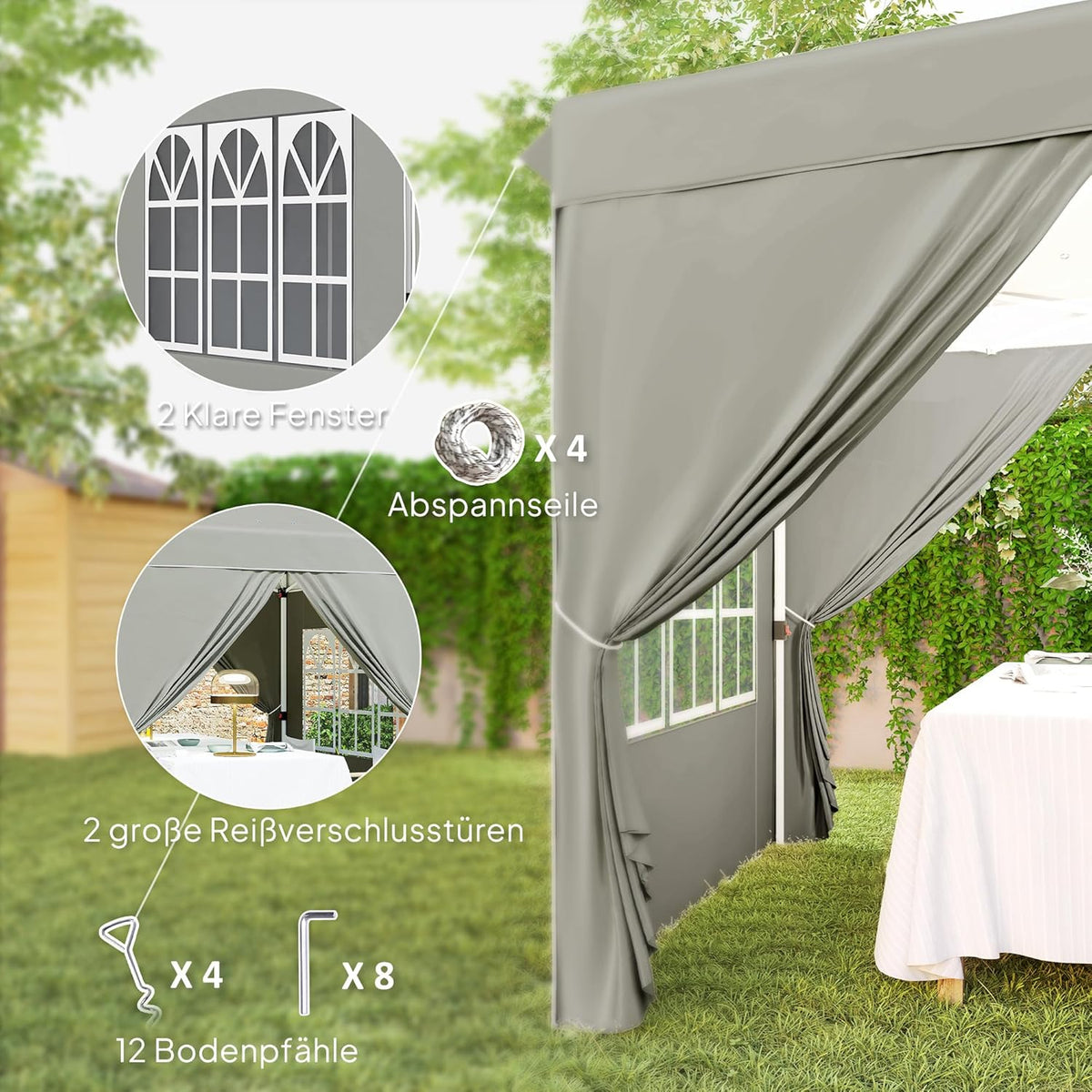 Outsunny Pavillon 2,5x2,5m, wasserabweisend Stabil Winterfest Pop-up Faltpavillon, UV Schutz 50+, Faltbar Partyzelt Gartenzelt mit 4 Seitenteilen Tasche Gartenpavillon für Camping Garten, Hellgrau - QUORE