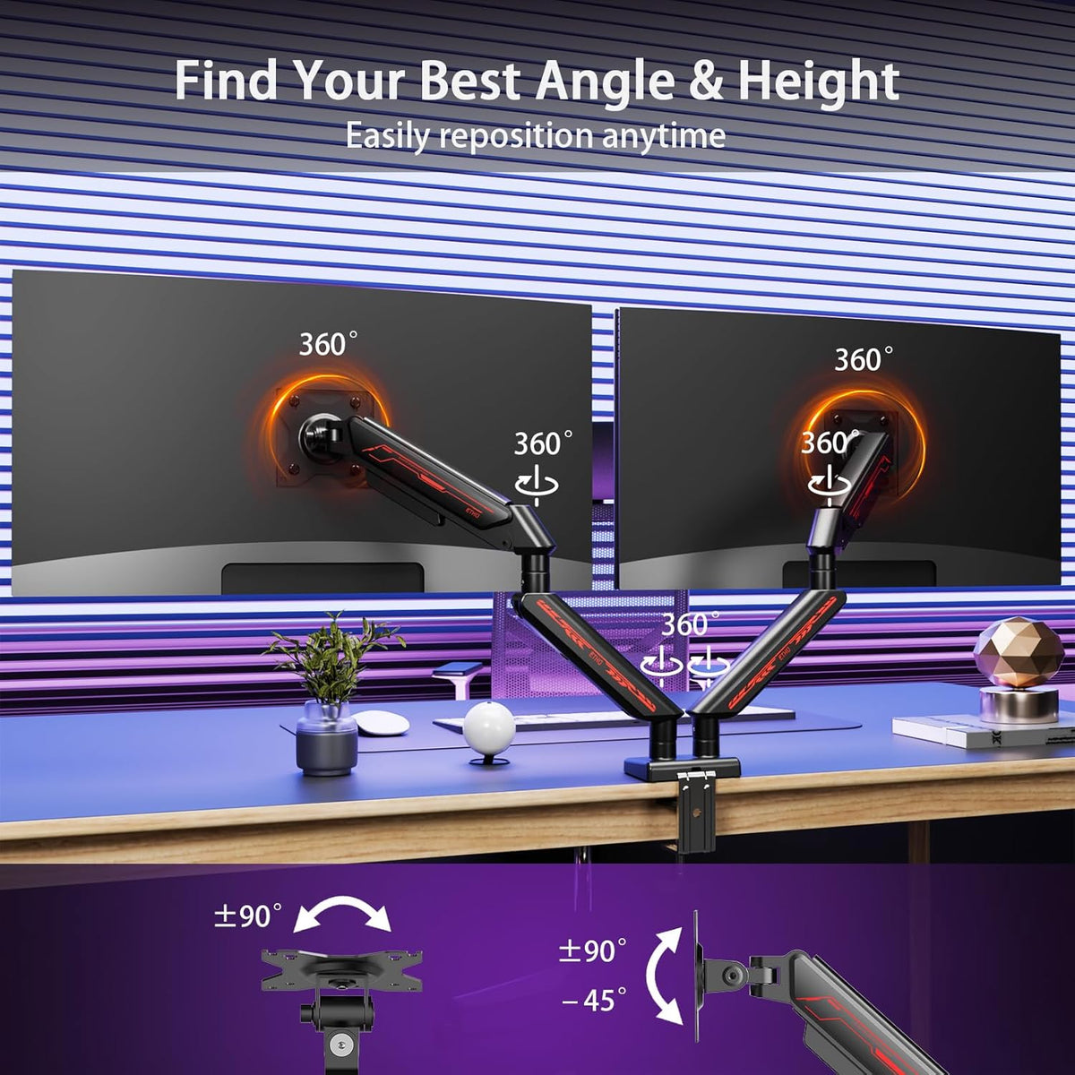ETHU Dual Monitor houder, bureauhouder voor 13-32 inch monitoren (2-9 kg), in hoogte verstelbaar met kantelbaar, draaibaar, draaibaar, gasveer, beeldschermhouder, 2 monitoren VESA 75 & 100 (zwart)