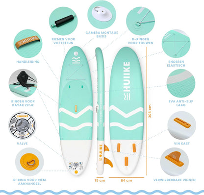 HUIIKE Opblaasbaar surfboard met accessoires, peddel, bronnen, opblaasbaar, stand-up paddleboard, hoge stabiliteit en weerstand, 305 x 84 x 15 cm, belastbaar tot 130 kg
