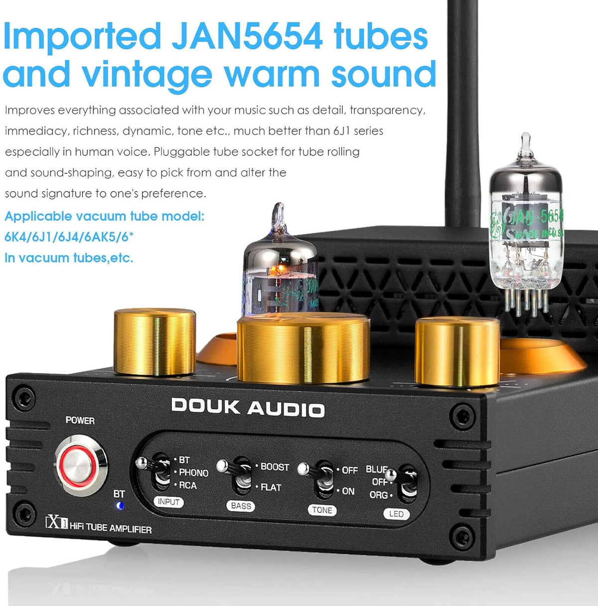 Douk Audio X1 buisversterker, HiFi Bluetooth 5.0 versterker, GE5654 klep stereo audioversterker, MM phonoversterker, 160Wx2 TDA7498E chip, treble & bas bedieningsknopf