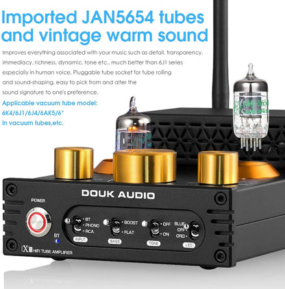Douk Audio X1 buisversterker, HiFi Bluetooth 5.0 versterker, GE5654 klep stereo audioversterker, MM phonoversterker, 160Wx2 TDA7498E chip, treble & bas bedieningsknopf
